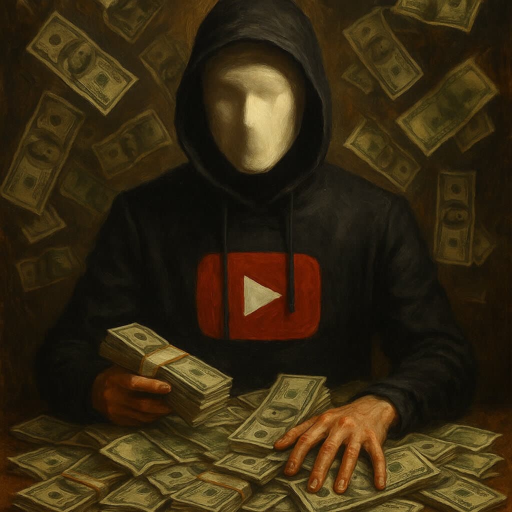 Entrepreneur managing YouTube channels with smartphone showing success analytics and falling dollars - PlanTube AI System